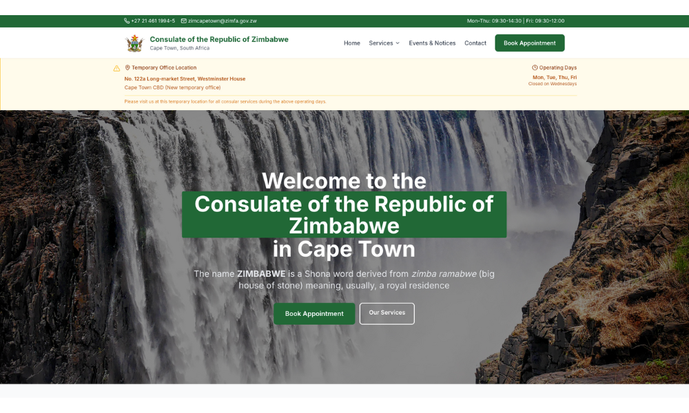 Zimbabwe Consulate (DEMO - Website) Cape Town website screenshot
